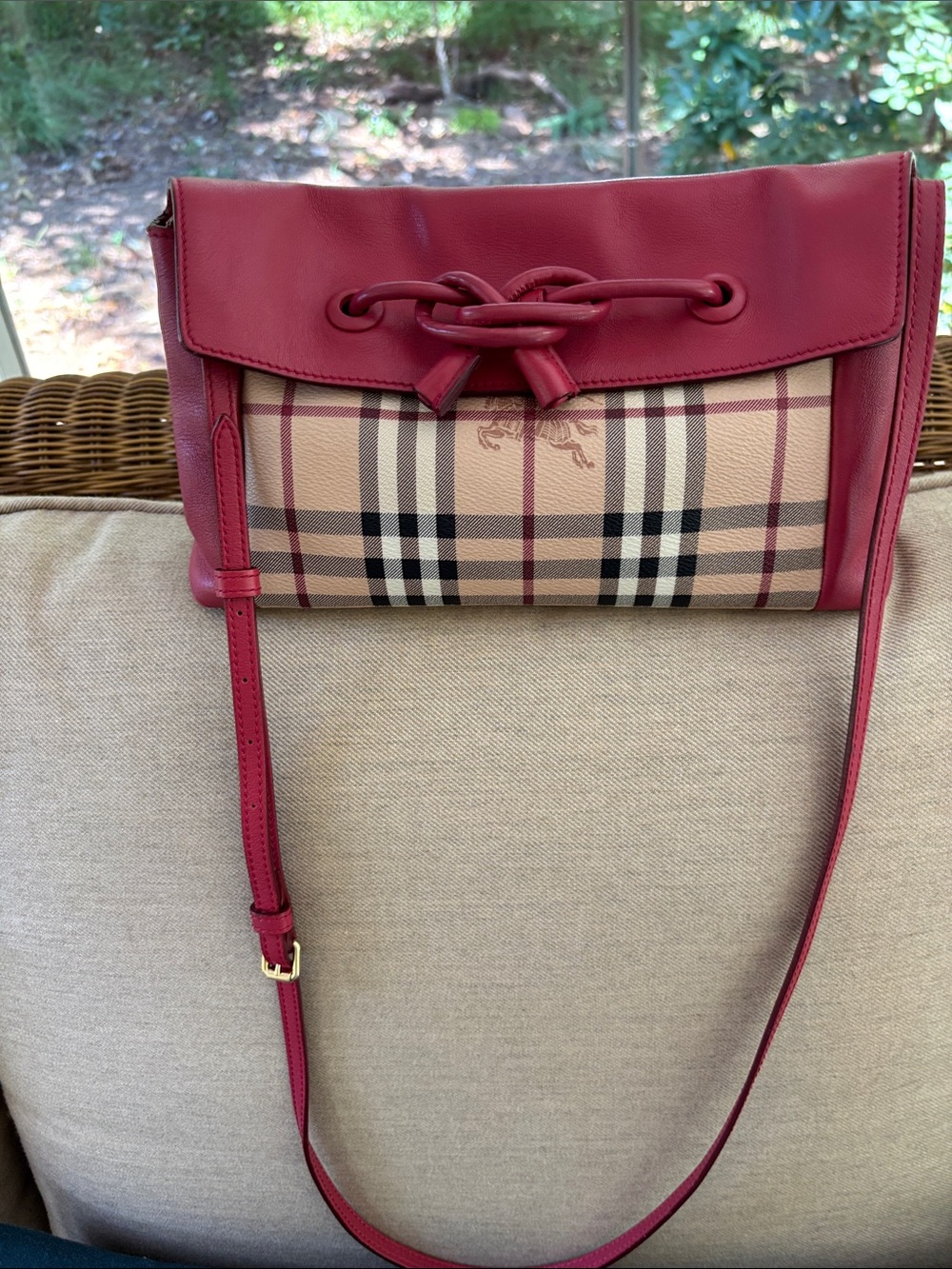 Burberry Red Leather & Beige Check Crossbody with Knot Detail